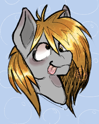 Size: 410x512 | Tagged: safe, artist:slimeysquirrels, derpy hooves, pegasus, pony, g4, :p, blushing, bubble, colored sketch, gray coat, patterned background, shiny mane, sketch, solo, tongue out, watermark, yellow eyes, yellow mane