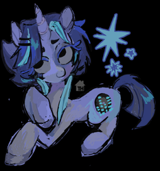 Size: 2834x3037 | Tagged: safe, artist:dddddaxie998839, oc, oc only, oc:platinum record, pony, unicorn, 2024, big hooves, black background, blue coat, blue eyelashes, blue mane, blue tail, colored eyelashes, colored pinnae, gray sclera, hair accessory, hairclip, horn, lineless, looking up, lying down, mane accessory, mane clip, no catchlights, old art, raised hoof, shiny mane, shiny tail, short mane, short tail, simple background, smiling, solo, stars, straight tail, tail, toyhouse watermark, unicorn oc, watermark