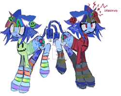 Size: 1065x845 | Tagged: safe, artist:dddddaxie998839, oc, oc only, oc:ethernet, pony, robot, robot pony, unicorn, 2023, bangs, big eyes, blue coat, blue eyelashes, blue mane, blue screen of death, blue tail, clothes, collared shirt, colored eyelashes, colored horn, duality, eye clipping through hair, eyelashes, female, female oc, glowing, glowing horn, green eyes, hair accessory, hairclip, horn, leg stripes, light blue coat, magic, mane accessory, mare oc, microsoft, microsoft windows, multicolored horn, no catchlights, obtrusive watermark, old art, open mouth, open smile, ponified, ponified oc, rainbow horn, red eyes, shirt, short mane, simple background, smiling, sparks, stripes, tail, thin, toyhouse watermark, unicorn oc, usb, watermark, white background