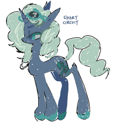 Size: 689x737 | Tagged: safe, artist:dddddaxie998839, oc, oc only, oc:short circuit, pony, unicorn, 2023, blue coat, blue pupils, blue text, colored eyelashes, colored hooves, colored pupils, curly mane, curly tail, green eyelashes, green eyes, green hooves, hooves, horn, long legs, mint mane, mint tail, narrowed eyes, no mouth, old art, ponysona, profile, simple background, slender, solo, standing, sunglasses, sunglasses on head, tail, text, thin, thin legs, two toned mane, unicorn horn, unicorn oc, white background