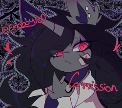 Size: 1854x1641 | Tagged: oc name needed, safe, artist:emoboy130, oc, oc only, pony, unicorn, black mane, bust, chest fluff, choker, clothes, colored pinnae, commission, ear fluff, eye clipping through hair, eyeshadow, floating heart, frown, gray coat, heart, horn, long mane, looking away, makeup, outline, patterned background, purple eyeshadow, red eyes, red text, shiny mane, shirt, signature, slit pupils, sticker, unicorn oc