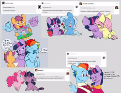 Size: 2048x1575 | Tagged: safe, artist:chub-wub, fluttershy, pinkie pie, rainbow dash, scootaloo, trixie, twilight sparkle, earth pony, pegasus, pony, unicorn, g4, ask, badge, bangs, beard, blue coat, blue eyes, blue mane, blue tail, blushing, chest fluff, chibi, clothes, colored, colored sketch, crossed hooves, curly mane, curly tail, cute, cutealoo, dialogue, drawing, evil twilight, eyebrows, eyebrows visible through hair, eyelashes, eyes closed, facial hair, female, flat colors, flirting, flower, frown, glowing, glowing horn, gray background, hatching (technique), holding, hoof hold, horn, kneeling, lesbian, lidded eyes, looking away, lying down, magic, male, mare, messy mane, messy tail, missing cutie mark, multicolored hair, multicolored mane, no pupils, nonbinary, nudging, nuzzling, on one knee, one eye closed, open mouth, open smile, orange coat, partially open wings, pink mane, pink tail, prone, purple coat, purple eyes, purple mane, rainbow hair, raised eyebrow, red eyes, requested art, rose, scootadoption, ship:twidash, ship:twinkie, ship:twishy, ship:twixie, shipping, short mane twilight sparkle, simple background, sitting, sketch, smiling, speech bubble, tail, talking, telekinesis, text, three toned mane, trans male, trans rainbow dash, trans twilight sparkle, transgender, tumblr, twilight sparkle is not amused, two toned mane, two toned tail, unamused, unicorn twilight, uniform, wall of tags, wings, wink, yellow coat