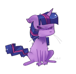 Size: 1341x1305 | Tagged: safe, artist:koidial, twilight sparkle, cat, cat pony, original species, pony, unicorn, g4, angry, behaving like a cat, bristling fur, colored claws, colored sclera, cute, ears back, female, frazzled, grumpy, grumpy twilight, horn, mare, narrowed eyes, no mouth, no pupils, purple coat, purple eyes, purple fur, shiny mane, shiny tail, signature, simple background, sitting, solo, transparent background, twiabetes, twilight cat, twilight sparkle is not amused, unamused, unicorn horn, whiskers