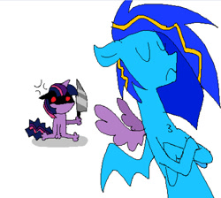 Size: 842x754 | Tagged: safe, artist:koidial, twilight sparkle, oc, oc:dreadful blue horse!, bat pony, cat, cat pony, original species, pony, unicorn, g4, bangs, bat pony oc, colored, cross-popping veins, crossed hooves, doodle, duo, duo female, emanata, eyes closed, female, female oc, flat colors, floppy ears, frazzled, frown, holding, holding a knife, horn, knife, mare oc, pixel-crisp art, ponysona, red eyes, red eyes take warning, simple background, spiky mane, striped mane, this will end in pain and/or death, unicorn horn, unicorn twilight, white background