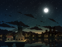 Size: 800x600 | Tagged: safe, artist:rangelost, cyoa:d20 pony, city, cityscape, cyoa, fillydelphia, full moon, light, moon, night, night sky, no pony, pixel-crisp art, reflection, river, scenery, sky, skyscraper, stars, story included, suggestive description, water, windmill