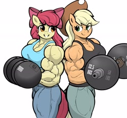 Size: 2773x2583 | Tagged: safe, artist:matchstickman, apple bloom, applejack, earth pony, anthro, matchstickman's apple brawn series, g4, apple bloom's bow, apple brawn, apple sisters, applejack's hat, applejacked, back to back, barbell, biceps, bow, breasts, busty apple bloom, busty applejack, clothes, cowboy hat, deltoids, denim, dumbbell (object), duo, duo female, female, hair bow, hat, high res, jeans, looking at each other, looking at someone, mare, muscles, muscular female, older, older apple bloom, pants, pecs, siblings, simple background, sisters, smiling, smirk, triceps, vein, weight lifting, weights, white background, workout