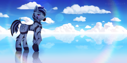 Size: 4800x2400 | Tagged: safe, artist:divori, oc, oc only, oc:star nova, hybrid, zebra, zony, cloud, cloudscape, detailed background, flower, flower in mouth, lake, looking at you, mouth hold, rainbow, red eyes, reflection, rose, rose in mouth, water