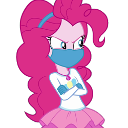 Size: 3840x3840 | Tagged: safe, artist:blockslikepl, artist:brokenadam, edit, edited screencap, screencap, pinkie pie, human, equestria girls, equestria girls specials, g4, my little pony equestria girls: rollercoaster of friendship, :c, >:c, angry, background removed, clothes, coronavirus, covid-19, crossed arms, cutie mark on clothes, face mask, female, frown, geode of sugar bombs, gloves, hairband, jewelry, long sleeves, magical geodes, mask, necklace, not a vector, pinkie pie is not amused, rah rah skirt, scowl, simple background, skirt, solo, transparent background, unamused