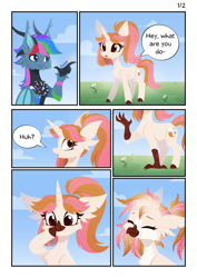 Size: 3999x5656 | Tagged: safe, artist:belka-sempai, oc, oc only, oc:azure star (fauli1221), oc:belka, draconequus, griffon, pony, unicorn, comic, cute, griffonized, horn, species swap, speech bubble, text, transformation, transformation sequence