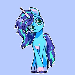 Size: 1818x1818 | Tagged: safe, artist:shiwei90823, misty brightdawn, pony, unicorn, g5, blue background, blue coat, blue mane, cute, front view, full body, horn, looking at you, mistybetes, outline, pink coat, simple background, solo, white outline