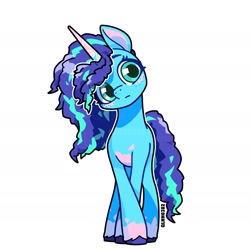 Size: 1818x1818 | Tagged: safe, artist:shiwei90823, misty brightdawn, pony, unicorn, g5, blue coat, blue mane, cute, front view, full body, horn, looking at you, mistybetes, simple background, solo, white background