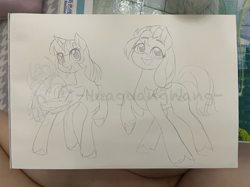 Size: 3000x2249 | Tagged: safe, artist:shiwei90823, pony, duo, duo female, female, irl, mare, photo, sketch, smiling, traditional art, wip