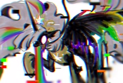 Size: 4298x2909 | Tagged: safe, artist:r-cang, oc, oc only, alicorn, pony, black coat, error, glitch, rainbow, raised hoof, solo, vomit, white eyes