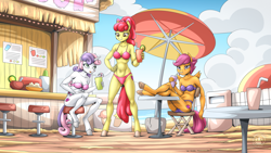 Size: 2560x1440 | Tagged: safe, artist:mysticalpha, apple bloom, scootaloo, sweetie belle, earth pony, pegasus, unicorn, anthro, unguligrade anthro, g4, ass, bar, beach, beach umbrella, belly, belly button, bikini, breasts, busty apple bloom, busty cmc, busty scootaloo, busty sweetie belle, butt, cleavage, clothes, cutie mark crusaders, drink, drinking, drinking straw, female, grin, hand on hip, horn, older, older apple bloom, older cmc, older scootaloo, older sweetie belle, open mouth, open smile, red swimsuit, scootabutt, smiling, stool, swimsuit, trio, trio female, underhoof