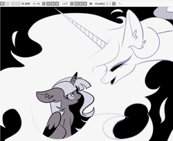 Size: 1004x822 | Tagged: safe, artist:r-cang, princess celestia, alicorn, pony, g4, alternate universe, duo, female, filly, foal, mare, paint tool sai, wip