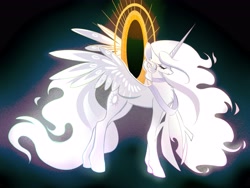 Size: 4608x3456 | Tagged: safe, artist:r-cang, princess celestia, alicorn, pony, g4, abstract background, alternate design, alternate universe, eyes closed, female, full body, mare, side view, solo, spread wings, tail, white coat, white mane, white tail, wings