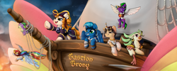 Size: 5000x2000 | Tagged: safe, artist:emmaneiac, captain celaeno, rainbow dash, spike, oc, g4, banner, hat, pirate, pirate hat