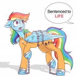 Size: 2048x2048 | Tagged: safe, artist:bunnyc4ke, rainbow dash, pegasus, pony, g4, b-f16, bound wings, chained, chains, clothes, commissioner:rainbowdash69, jumpsuit, looking at someone, never doubt rainbowdash69's involvement, open mouth, prison outfit, prisoner, prisoner rd, shocked, solo, speech bubble, unshorn fetlocks, wings