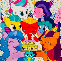 Size: 2199x2161 | Tagged: safe, artist:ponyyjt, hitch trailblazer, izzy moonbow, misty brightdawn, pipp petals, sparky sparkeroni, sprout cloverleaf, sunny starscout, zipp storm, dragon, earth pony, pegasus, pony, unicorn, g4, g5, birthday, birthday cake, cake, crying, food, g5 to g4, generation leap, group photo, happy, hat, horn, mane five, mane seven (g5), mane six (g5), open mouth, open smile, party, party hat, photo, smiling, sproutlove, tears of joy, teary eyes, traditional art