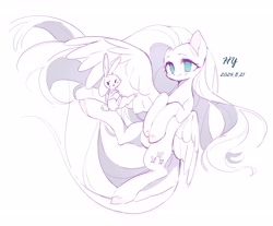 Size: 5491x4552 | Tagged: safe, artist:tingfengshengshunjian, artist:海樱, angel bunny, fluttershy, pegasus, pony, g4, crossed arms, duo, female, hooves on belly, long mane, long tail, mare, simple background, spread wings, tail, white background, wings