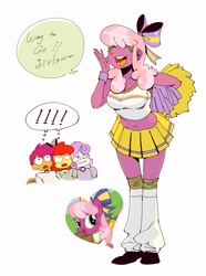 Size: 1633x2190 | Tagged: safe, artist:wise_fully, apple bloom, cheerilee, scootaloo, sweetie belle, human, equestria girls, g4, breasts, busty cheerilee, cheerileeder, cheerleader, cheerleader outfit, clothes, cutie mark crusaders, exclamation point, heart, horn, horned humanization, humanized, simple background, speech bubble, text, varying degrees of want, white background, winged humanization, wings