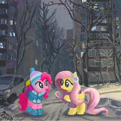 Size: 736x737 | Tagged: safe, artist:missing-elixir, fluttershy, pinkie pie, earth pony, pegasus, pony, g4, apartment block, city, clothes, duo, duo female, earmuffs, female, hat, looking at each other, looking at someone, mare, night, puffer vest, redraw, reference in the description, snow, sweater, vest, winter outfit