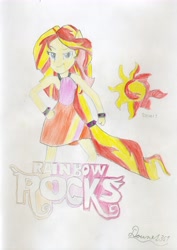 Size: 4953x7005 | Tagged: safe, artist:dounet361, sunset shimmer, rainbow rocks 10th anniversary, equestria girls, g4, my little pony equestria girls: rainbow rocks, absurd resolution, bracelet, drawing, jewelry, logo, pencil drawing, scanned, screencap reference, signature, solo, traditional art