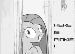 Size: 1080x777 | Tagged: safe, artist:fallingon, pinkie pie, earth pony, pony, g4, looking at you, monochrome, smiling, smiling at you, the shining