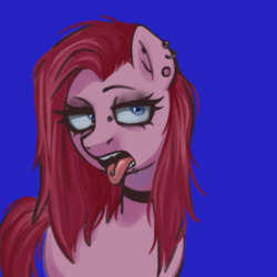 Size: 2500x2500 | Tagged: safe, artist:zigmeow, pinkie pie, earth pony, pony, g4, blue background, choker, female, piercing, pinkamena diane pie, simple background, solo, tongue out