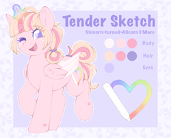 Size: 2327x1876 | Tagged: safe, artist:adostume, oc, oc only, oc:tender sketch, alicorn, alicorn oc, color palette, cute, cutie mark, glowing, glowing horn, heart, horn, one eye closed, patterned background, raised hoof, reference sheet, smiling, wide smile, wings, wink