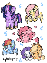 Size: 1080x1440 | Tagged: safe, artist:muchensummer56072, artist:牧晨summer, applejack, fluttershy, pinkie pie, rainbow dash, rarity, twilight sparkle, alicorn, earth pony, pegasus, pony, unicorn, g4, chibi, female, horn, mane six, mare, simple background, spread wings, twilight sparkle (alicorn), white background, wings