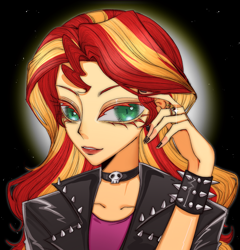 Size: 2084x2175 | Tagged: safe, artist:nimingxiwang168, sunset shimmer, human, equestria girls, g4, abstract background, bust, choker, clothes, female, humanized, jacket, lips, portrait, solo, spiked wristband, wristband