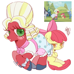 Size: 2048x2048 | Tagged: safe, artist:nimingxiwang168, apple bloom, big macintosh, blues, lucky clover, noteworthy, earth pony, pony, brotherhooves social, g4, brother and sister, clothes, crossdressing, dress, female, filly, foal, male, orchard blossom, screencap reference, siblings, simple background, stallion, white background