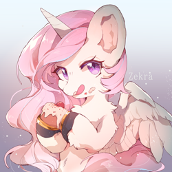 Size: 2000x2000 | Tagged: safe, artist:zekra, princess celestia, alicorn, pony, g4, female, filly, foal, food, gradient background, hoof hold, licking, licking lips, looking at you, pastry, pink-mane celestia, solo, text, tongue out, unshorn fetlocks, younger