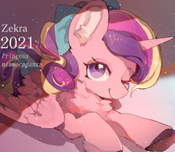 Size: 2300x2000 | Tagged: safe, artist:zekra, princess cadance, alicorn, pony, g4, abstract background, bow, chest fluff, colored ear fluff, female, hair bow, looking at you, mare, one eye closed, partially open wings, smiling, smiling at you, solo, tail, tail bow, text, wings, wink