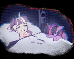 Size: 736x590 | Tagged: safe, artist:emptygoldstudio, twilight sparkle, twilight velvet, pony, unicorn, g4, alternate universe, bed, cancer, duo, duo female, female, floppy ears, horn, hospital bed, mare, mother and child, mother and daughter, sad, text, unicorn twilight