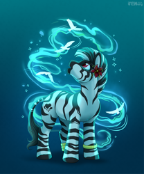 Size: 3168x3800 | Tagged: safe, artist:jenery, oc, oc only, oc:zahara, zebra, anklet, female, flower, flower in hair, gradient background, jewelry, long tail, magic, mare, mohawk, open mouth, red eyes, soft shading, solo, stripes, tail, zebra oc