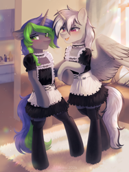 Size: 4500x6000 | Tagged: safe, artist:anku, oc, oc only, oc:dark tempest, oc:sparky starfall, alicorn, pony, unicorn, 2024, absurd resolution, balls, bipedal, blushing, carpet, closed mouth, clothes, crossdressing, cute, dress, duo, duo male, femboy, gay, green eyes, green mane, green tail, holding hooves, horn, look away, looking at each other, looking at someone, maid, male, open mouth, pink eyes, room, socks, sofa bed, spread wings, stallion, standing, stockings, sunlight, tail, thigh highs, two toned mane, two toned tail, white mane, white tail, window, wings