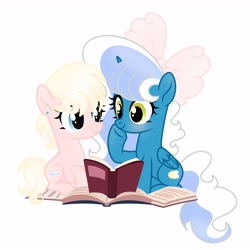 Size: 6890x6890 | Tagged: safe, artist:riofluttershy, oc, oc:fleurbelle, oc:sugar swirl, alicorn, earth pony, pony, alicorn oc, blue eyes, blushing, book, bow, ear piercing, earring, earth pony oc, female, hair bow, horn, jewelry, mare, piercing, pink bow, reading, simple background, sitting, smiling, tail, two toned hair, two toned mane, two toned tail, white background, wings, yellow eyes