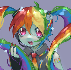 Size: 1240x1211 | Tagged: safe, artist:koasku, rainbow dash, human, equestria girls, g4, bust, clothes, cosplay, costume, fusion, hair ornament, hatsune miku, multicolored hair, necktie, open mouth, open smile, rainbow hair, rainbow nail polish, smiling, solo, vocaloid