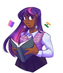 Size: 1300x1500 | Tagged: safe, artist:uunicornicc, twilight sparkle, human, g4, bisexual pride flag, book, clothes, ear piercing, earring, female, humanized, india, jewelry, moderate dark skin, piercing, pride, pride flag, shirt, simple background, skirt, solo, vest, white background