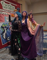 Size: 1616x2048 | Tagged: safe, princess cadance, queen chrysalis, twilight sparkle, human, g4, bare shoulders, clothes, cosplay, costume, everfree northwest, everfree northwest 2024, irl, irl human, photo, sleeveless