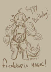 Size: 620x877 | Tagged: safe, artist:anykoe, oc, oc only, oc:macdolia, earth pony, g4, blushing, cake, clothes, cute, earth pony oc, female, floating heart, food, happy birthday, heart, monochrome, pigtails, signature, sketch, socks, solo, text