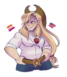 Size: 1300x1500 | Tagged: safe, artist:uunicornicc, applejack, human, g4, applejack's hat, belt, clothes, cowboy hat, denim, female, freckles, grin, hat, humanized, jeans, lesbian pride flag, muscles, pants, pride, pride flag, shirt, simple background, smiling, solo, white background