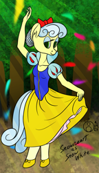 Size: 861x1500 | Tagged: safe, artist:sepiakeys, nurse coldheart, nurse snowheart, anthro, unguligrade anthro, g4, clothes, cosplay, costume, crepuscular rays, dress, forest, nature, snow white, solo, tree