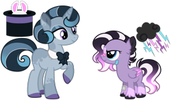 Size: 2914x1716 | Tagged: oc name needed, safe, artist:strawberry-spritz, oc, oc only, pegasus, pony, unicorn, g4, bandaid, bandaid on nose, base used, blue eyes, bowtie, coat markings, colored eartips, colored hooves, colored pinnae, duo, duo female, dyed mane, dyed tail, ear fluff, ear markings, eyelashes, eyeshadow, facial markings, female, female oc, filly, filly oc, foal, gradient mane, gradient tail, gray coat, gray eyeshadow, gray hooves, hooves, horn, lidded eyes, looking at someone, magical lesbian spawn, makeup, mare, mare oc, mottled coat, narrowed eyes, necktie, offscreen character, offspring, parent:diamond tiara, parent:marble pie, parent:rumble, parent:trixie, parents:marbixie, parents:tiarumble, pegasus oc, purple eyes, purple hooves, raised hoof, short mane, show accurate, simple background, smiling at someone, socks (coat markings), splotches, standing on three hooves, striped mane, striped tail, tail, three quarter view, three toned ears, three toned mane, three toned tail, transparent background, unicorn horn, unicorn oc, unshorn fetlocks, wavy tail