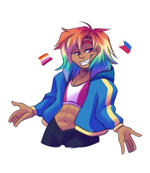 Size: 1300x1500 | Tagged: safe, artist:uunicornicc, rainbow dash, human, g4, abs, alternate hairstyle, belly, belly button, clothes, female, filipino, hoodie, humanized, jejemon, jologs, lesbian pride flag, midriff, pants, philippines, pride, pride flag, simple background, solo, sports bra, sweatpants, tan skin, white background