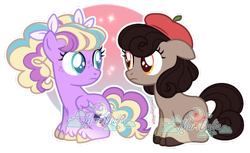 Size: 1280x782 | Tagged: safe, artist:hopenotfound, oc, oc only, earth pony, pegasus, pony, beret, duo, female, filly, foal, hat, magical lesbian spawn, offspring, parent:applejack, parent:octavia melody, parent:pinkie pie, parent:rainbow dash, parents:appletavia, parents:pinkiedash, simple background, transparent background