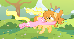 Size: 2869x1543 | Tagged: safe, artist:darbypop1, oc, oc only, oc:honey wa, oc:joy petal, earth pony, pony, bow, duo, duo female, female, flower, glomp, hair bow, mare, tree