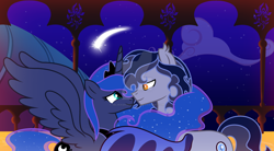 Size: 1280x706 | Tagged: safe, artist:velveagicsentryyt, princess luna, oc, oc:starlit luminary, pony, g4, canon x oc, female, male, shipping, shooting star, straight